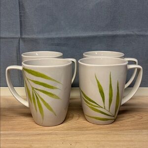 CORELLE Coordinates Bamboo Leaf Tall Mug Porcelain White and Green 12 oZ set 4